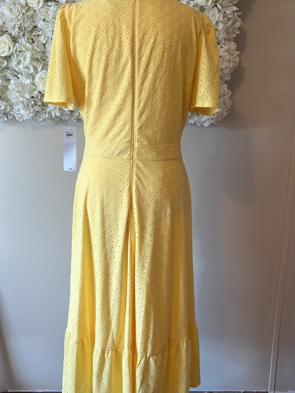 London Times Sunny Yellow Eyelet Wrap Midi Dress - Picture 5 of 10
